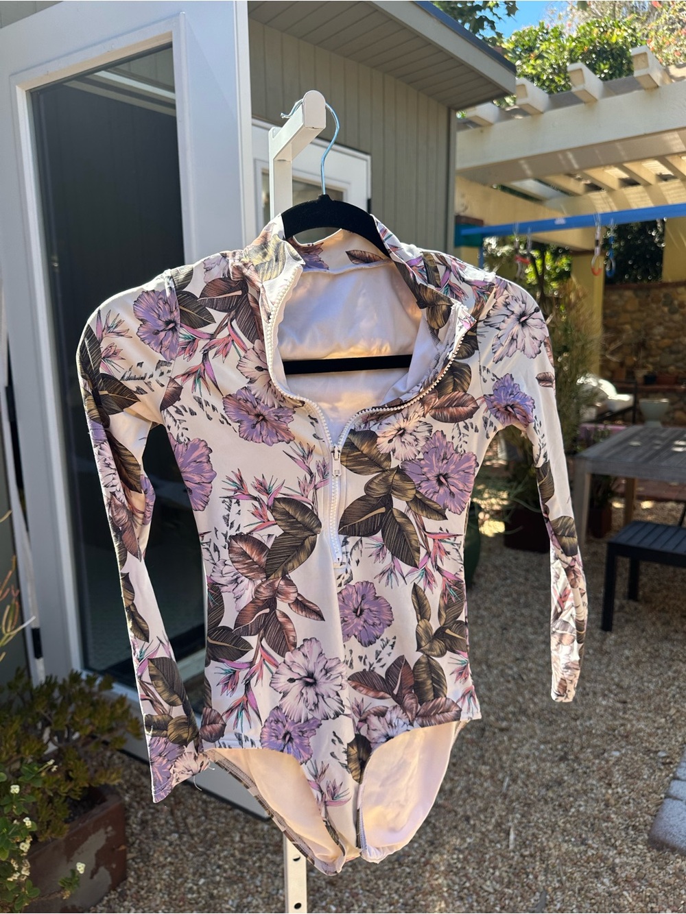 Cream Floral Kids One-Piece Rash Guard Swimsuit